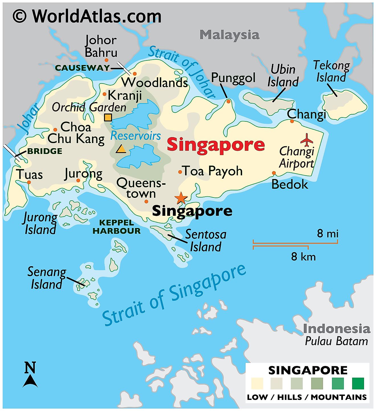 Physical Map of Singapore showing state boundaries, relief, major islands, important cities, and more.
