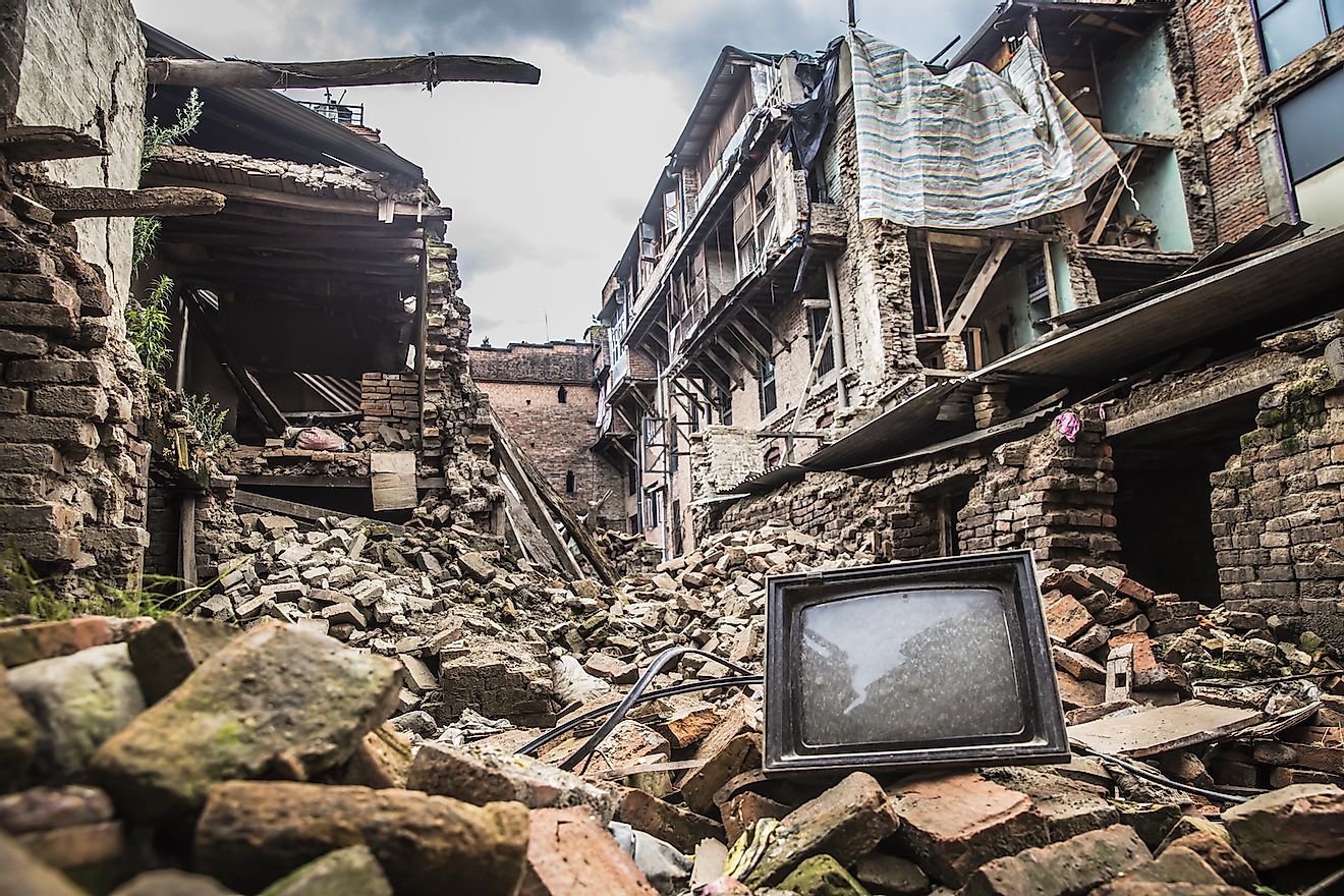Rubble of collapsed building post earthquake of Nepal, 2015. Image credit: Binaya Mangrati/Shutterstock.com