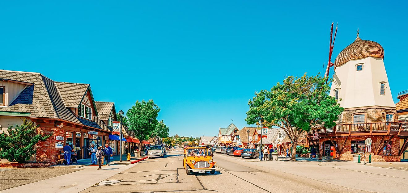 Vibrant Main Street in Solvang lined with buildings showcasing unique architecture. Editorial credit: HannaTor / Shutterstock.com