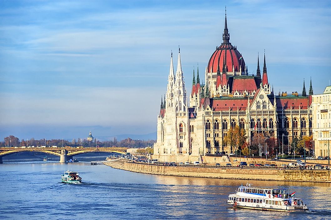The Hungarian Parliament Building is located on the bank of the Danube.