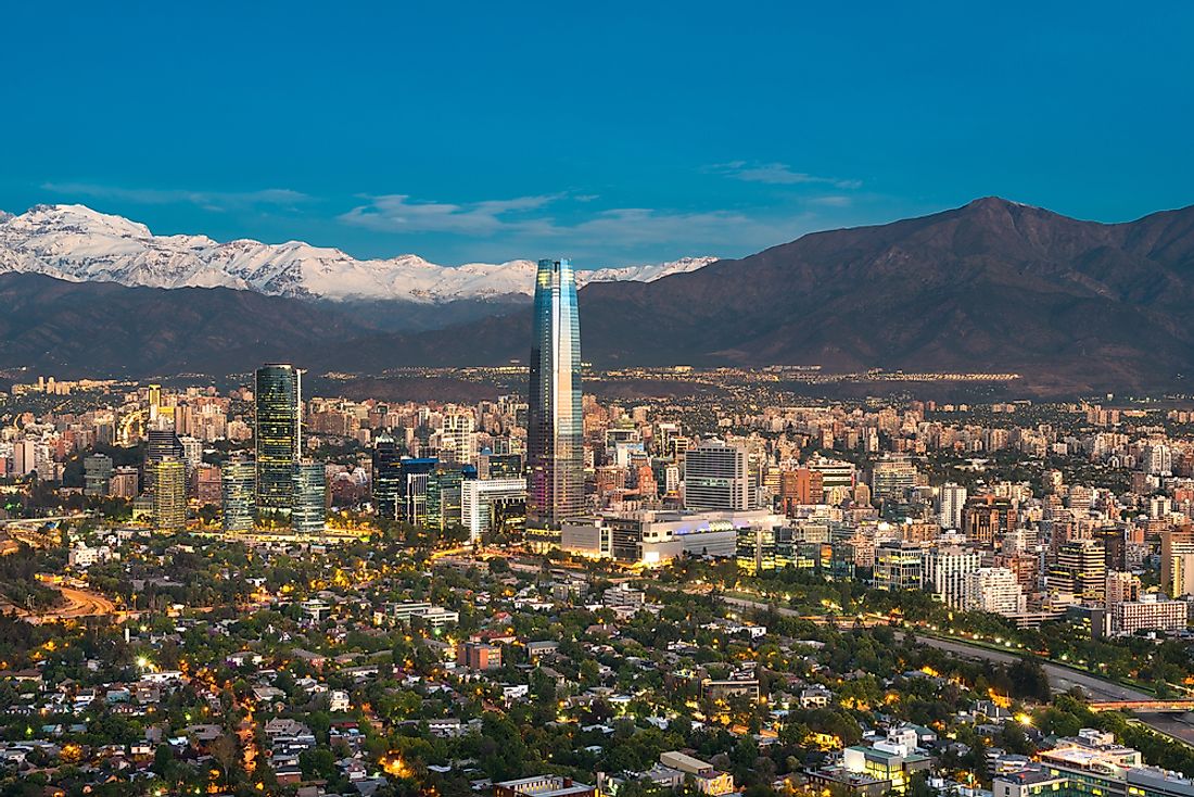The Andes Mountains form a backdrop for the Santiago city skyline.