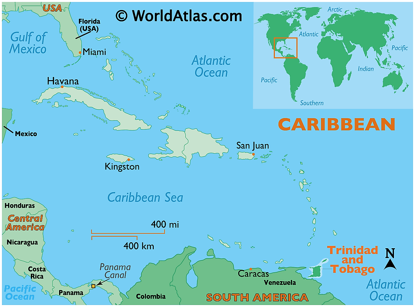 Map showing location of Trinidad and Tobago in the world.