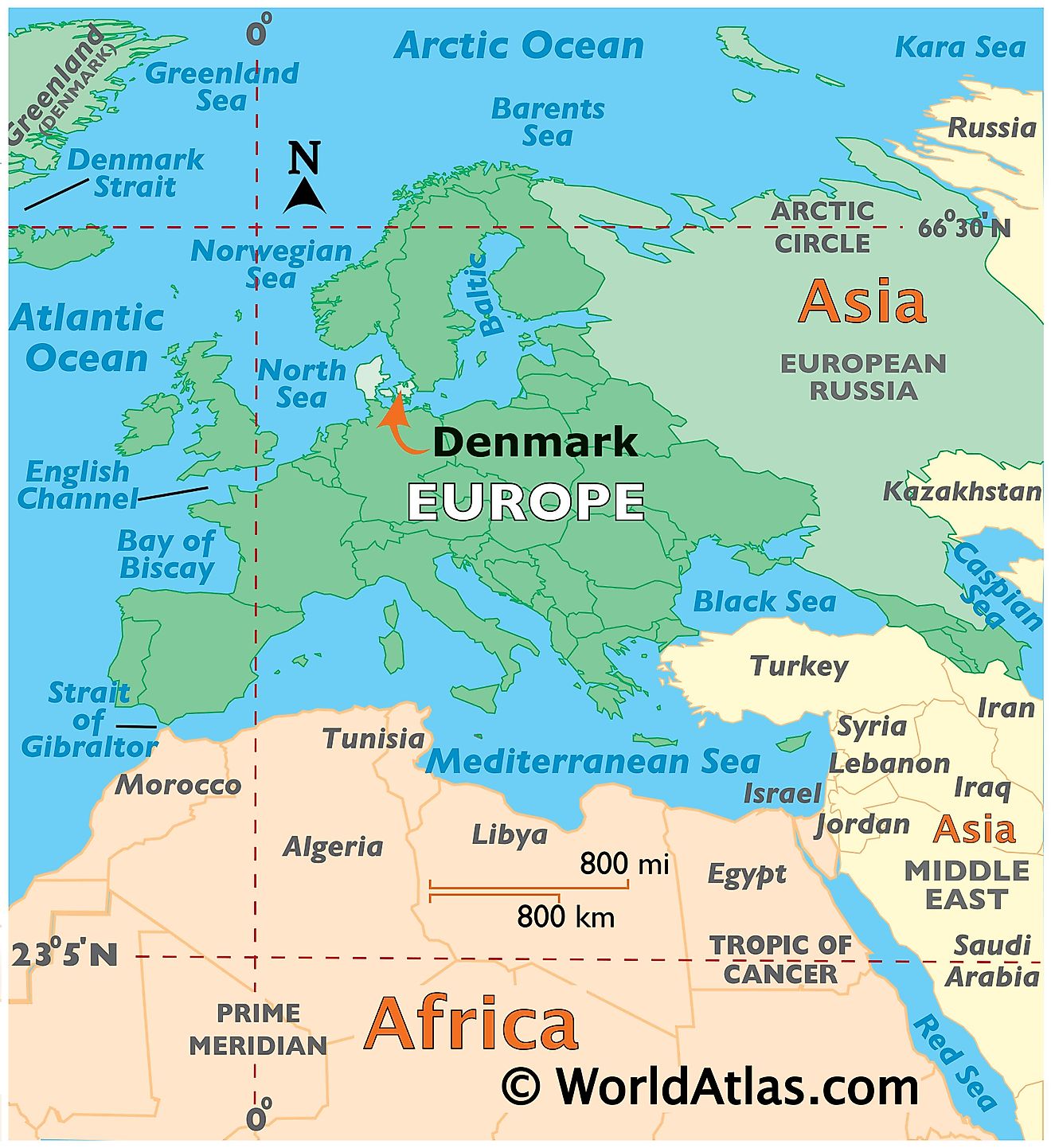 Map showing location of Denmark in the world.