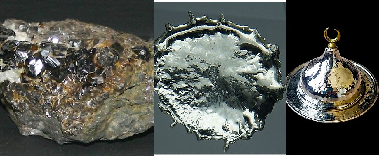 Progressive stages of tin processing: Cassiterite Tin Ore (left), pure molten tin (center), and a shaped pewter product made from tin (right).