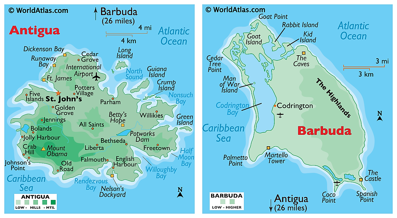 Physical map of Antigua showing the relief, major settlements, islands, bays and sounds, and more.