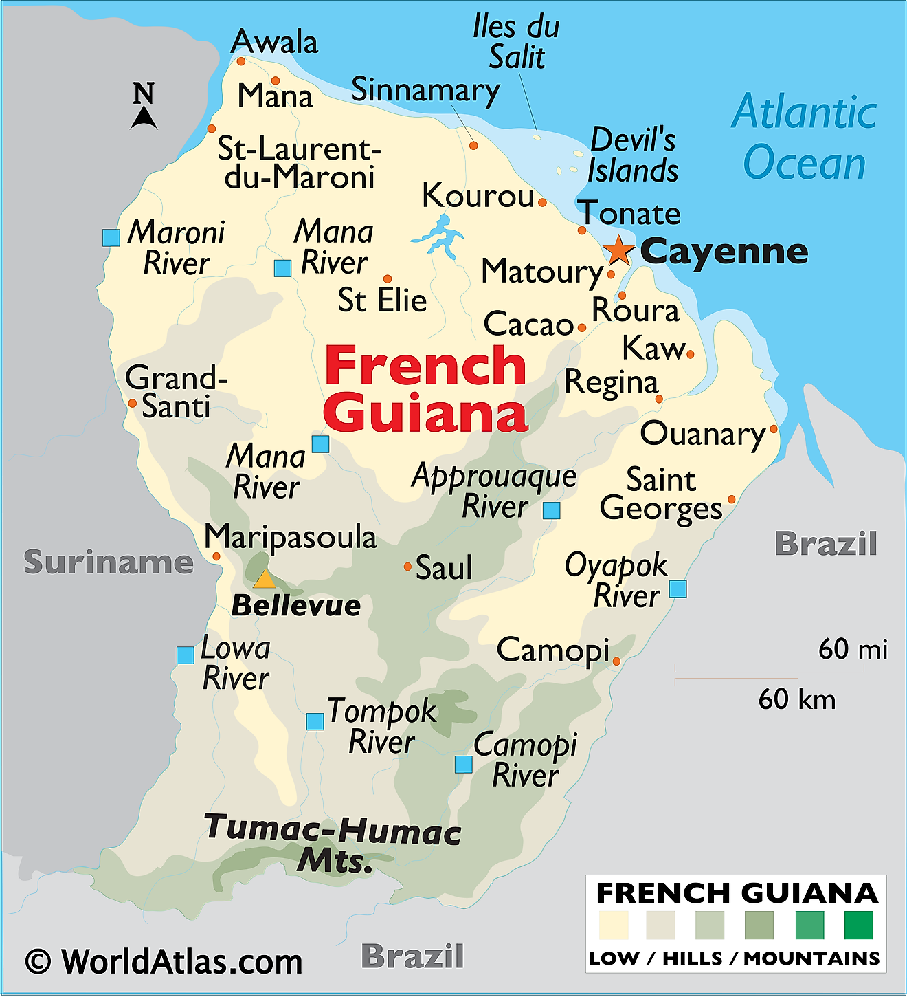 Physical map of French Guiana showing terrain, Tumac-Humac mountains, major rivers, important settlements, islands, etc.