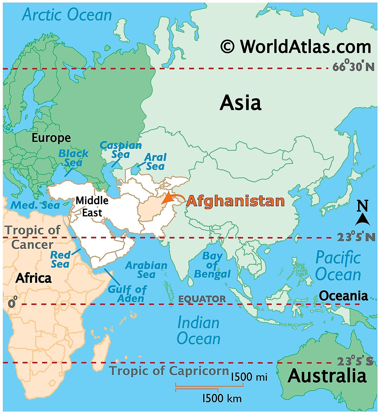Map showing location of Afghanistan in the world.