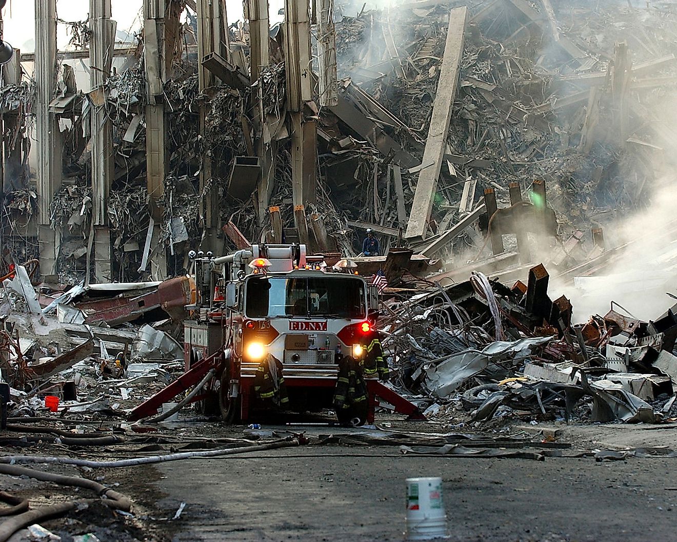 A lone fire engine at the crime scene in Manhattan where the World Trade Center collapsed following the Sept. 11 terrorist attack. Image credit: Chief Photographer&#039;s Mate Eric J. TIlford./Public domain