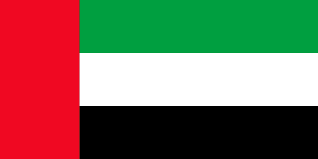 United Arab Emirates flag features three equal horizontal bands of green, white and black, with a wider vertical red band on the hoist side.