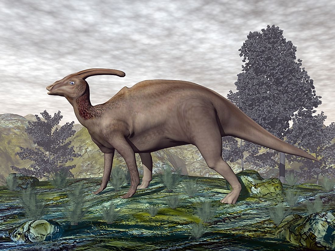 A 3D rendering of a parasaurolophus. 