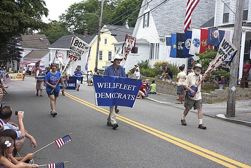 Locals show their party pride in a 4th of July Celebration in Wellfleet, a small town in the Democrat Party stronghold state of Massachusetts.