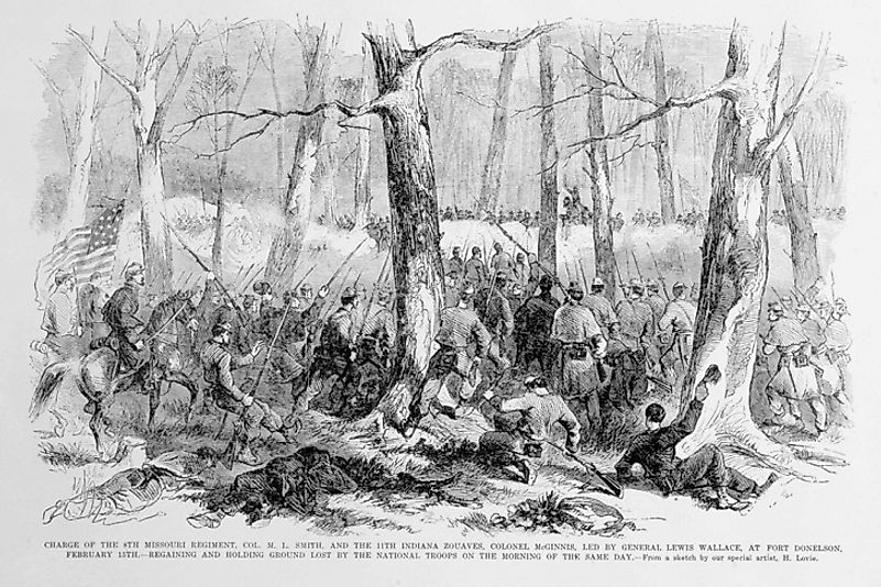Brigadier General Lew Wllace's 11th Indiana Zouaves and Charles Smith's 8th Missouri charge the Confederates en route to the Union capture of Fort Donelson.