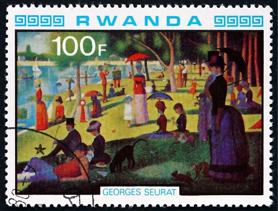 Editorial credit: Boris15 / Shutterstock.com. A Rwandan stamp comemorating A Sunday Afternoon on the Island of La Grande Jatte, circa 1980.