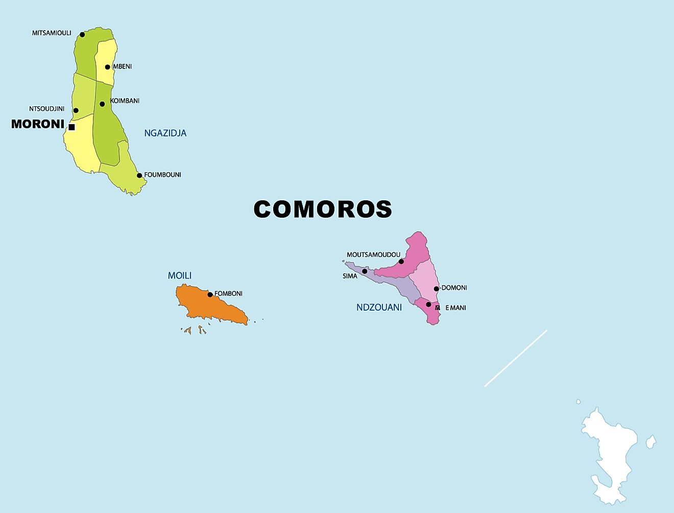 Political Map of Comoros showing 3 islands and national capital of Moroni.