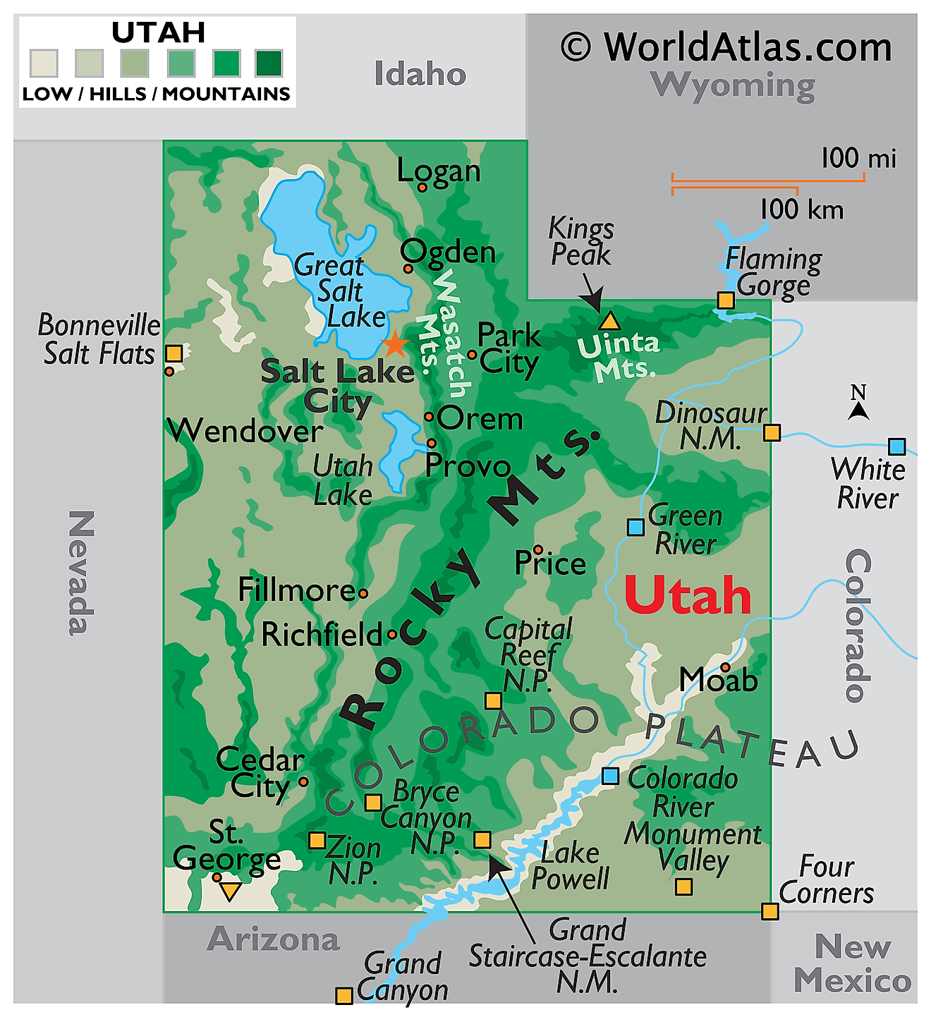 Physical Map of Utah. It shows the physical features of Utah including its mountain ranges, plateau, rivers and major lakes. 