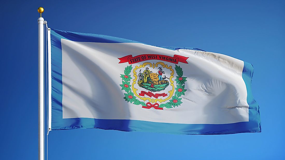 The flag of West Virginia features the West Virginia coat of arms on a white field with a blue border. 