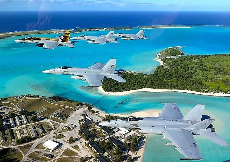 U.S. Navy fighter jets fly over Wake Island.