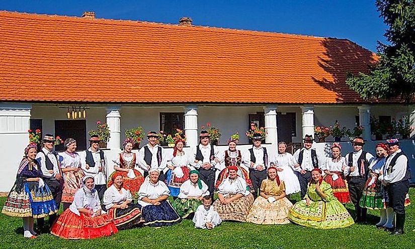 Hungarians dressed in folk costumes in Southern Transdanubia, Hungary.