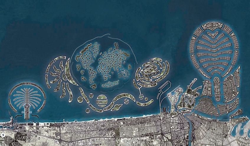 A design view of the Palm Jumeirah (left) and Palm Deira (right) with The World and The Universe archipelagos