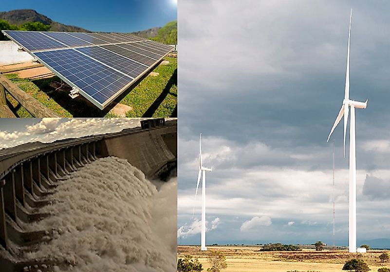 Solar panel in the South African highlands; hydro power dam near Norvalspont; wind farm near Jeffreys Bay, South Africa.
