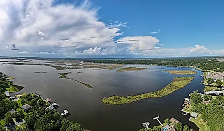 Panoramic view of Krebs Lake in Pascagoula, Mississippi.