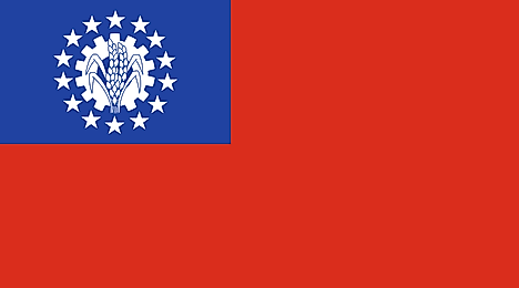 Red banner with blue canton containing seal surrounded by 14 5-pointed stars
