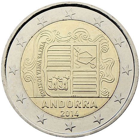 The €2 coin shows the coat of arms of Andorra with the motto 