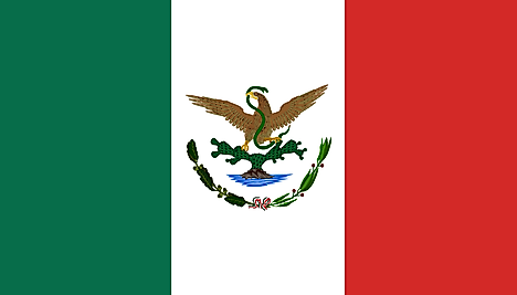 Green, White, Red flag featuring an eagle sitting on cactus and holding a green snake on its beak and claw (eagle's head turned towards the hoist side)