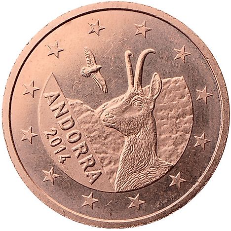 Andorra euro coins of 1, 2 and 5 cent coins show a Pyrenean chamois and a golden eagle.
