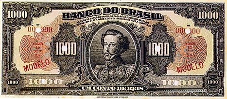 1 million real banknote (1923) with Emperor Pedro I's effigy.