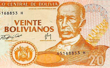 20 bolivianos bank note of Bolivia.