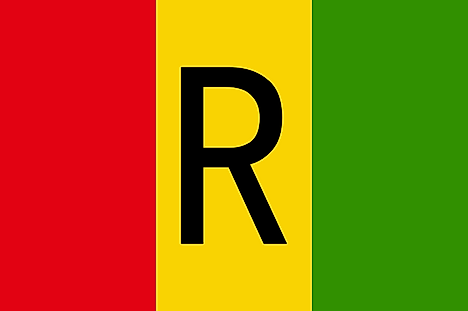 Red, yellow, and green vertical stripes with black letter 