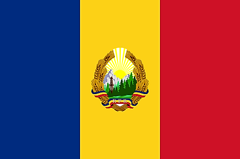 Blue, yellow, and red vertical bands with seal (without red star) centered on yellow