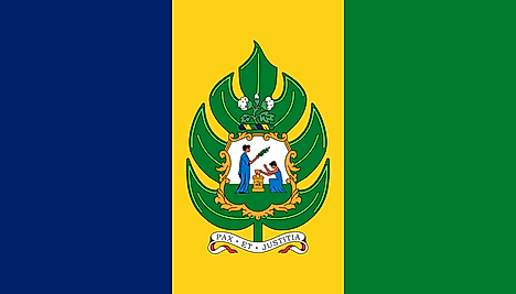 Blue, yellow, and green horizontal stripes (without the white stripes) with the national symbol on yello