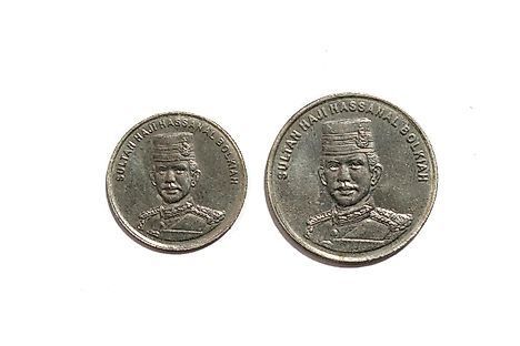 Coins of Brunei dollar showing the portrait of the Sultan of Brunei