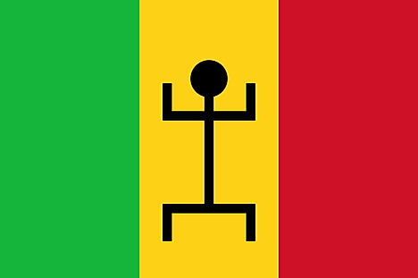 Vertical bands of green, yellow, and red with black human figure centered on yellow