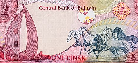 Galloping Arabian Horses and the Sail and Pearl monument on Bahrain one dinar (2006) banknote