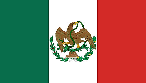 Green, White, Red flag featuring an eagle sitting on cactus and holding a green snake on its beak and claw (eagle's head turned towards the fly side)