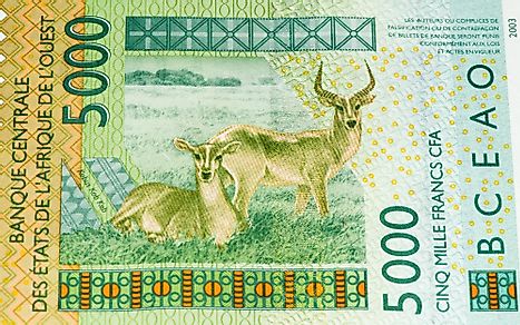 5000 CFA franc bank note. CFA franc is used in 14 African countries.