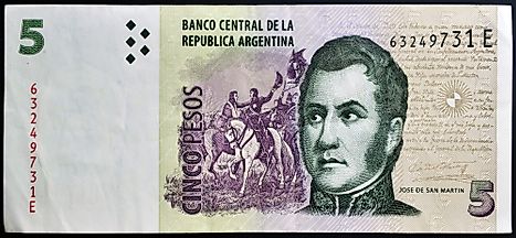 Portrait of Jose de San Martin, also called  El Libertador of Argentina, featured on on 5 Pesos 2003 banknote from Argentina