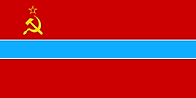 Red flag with blue stripe in the middle and Soviet's symbols on upper hoist side.
