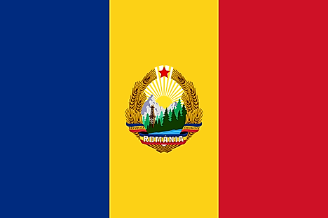 Blue, yellow, and red vertical bands with seal (with a red star) centered on yellow, with the word 