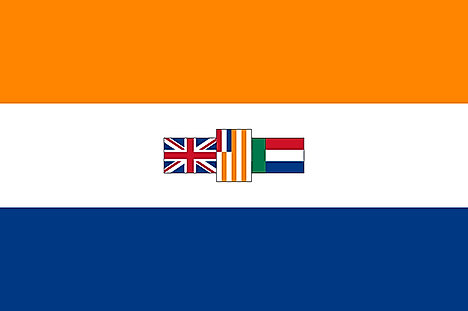 Orange, White, and Blue horizontal stripes with three flags on white