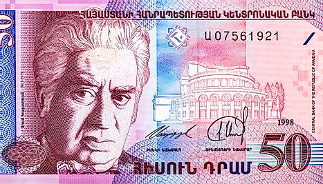 Aram Khachaturian (Khachatryan), Great Armenian and Soviet composer's portrait featured on Armenia 50 Dram 1998 Banknotes