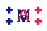 White banner with two blue (hoist) and two red (fly) crosses and letters M and A between to two sets of crosses