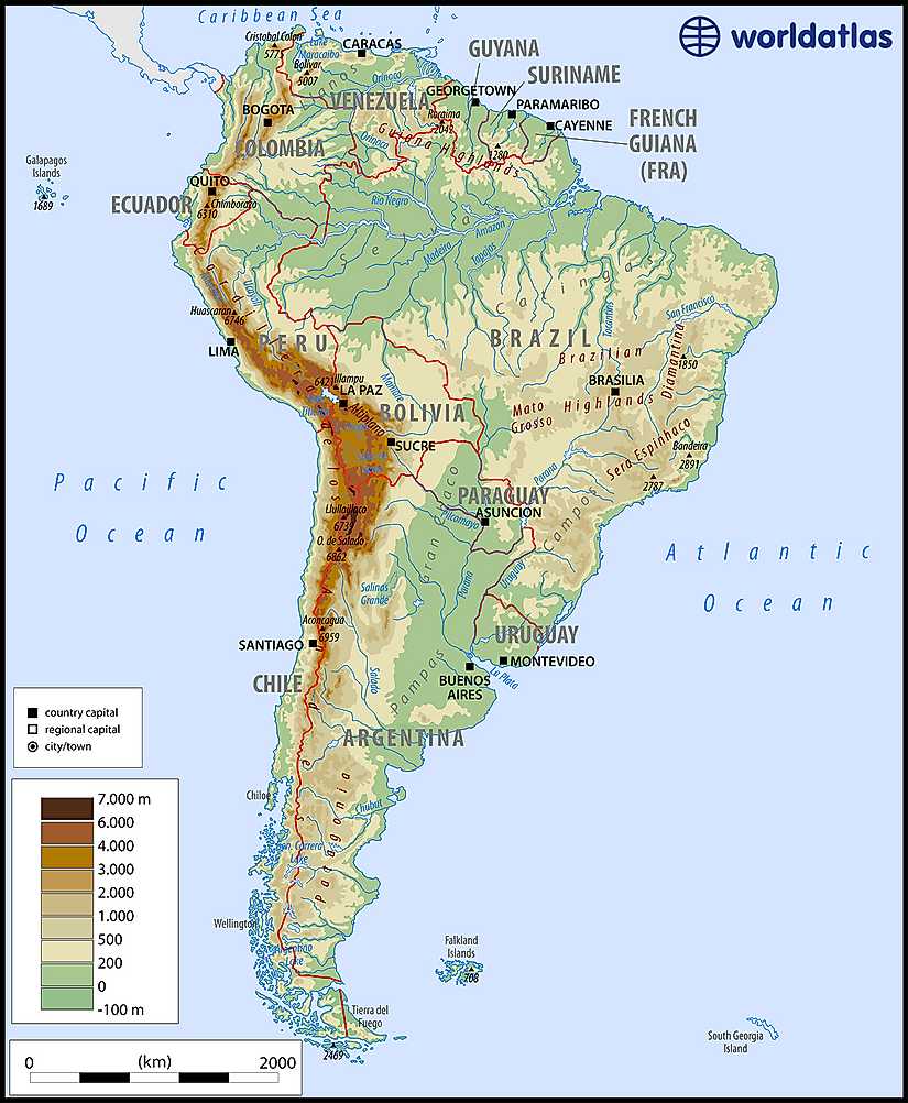 Map showing the physical features of South America , as well as country boundaries