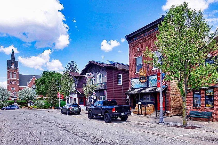 Street view in New Glarus, Wisconsin with blue skies.