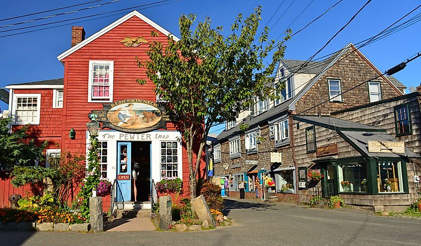 Quaint shops on a sunny day in Rockport, Maine