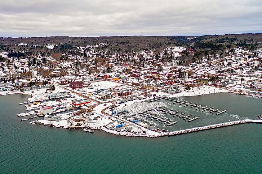 Aerial view of Bayfield, Wisconsin, in winter
