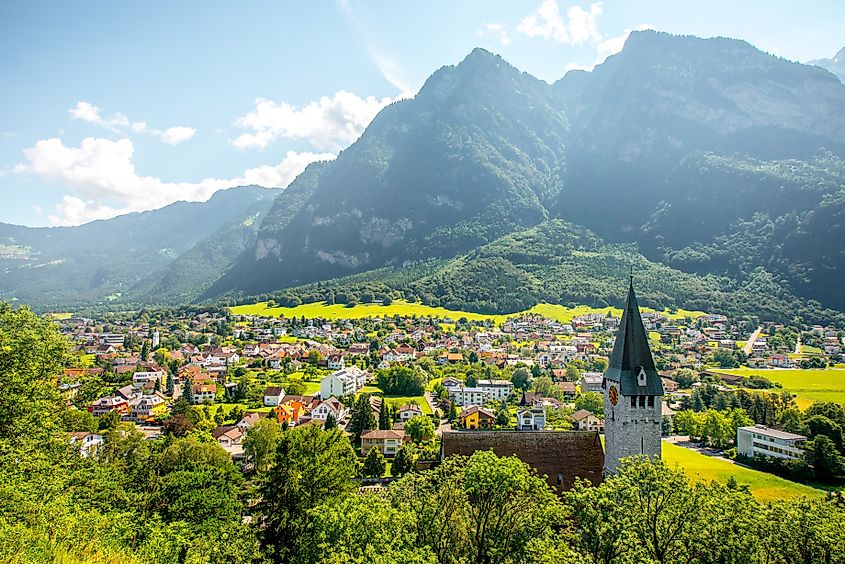 Landscape view of Balzers village with saint Nicholas church in Liechtenstein